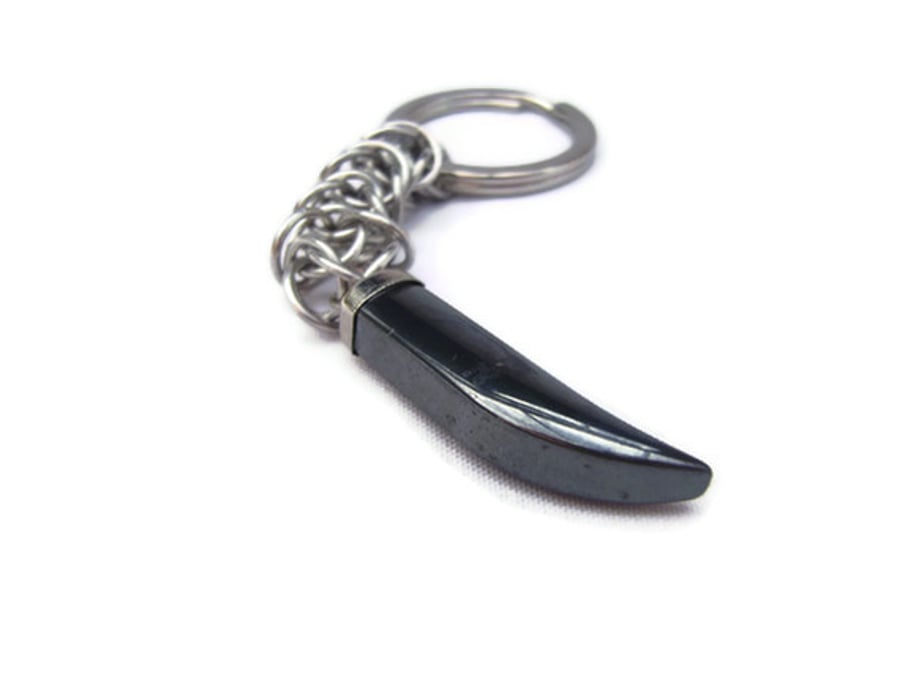 Chainmail Haematite Sharks Tooth Keyring 