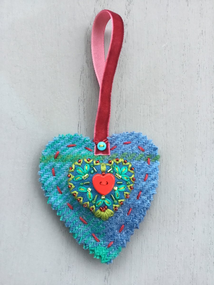 Hand Embroidered Harris Tweed Heart Decoration 