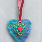 Hand Embroidered Harris Tweed Heart Decoration 