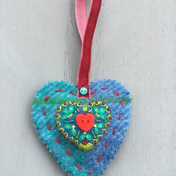 Hand Embroidered Harris Tweed Heart Decoration 