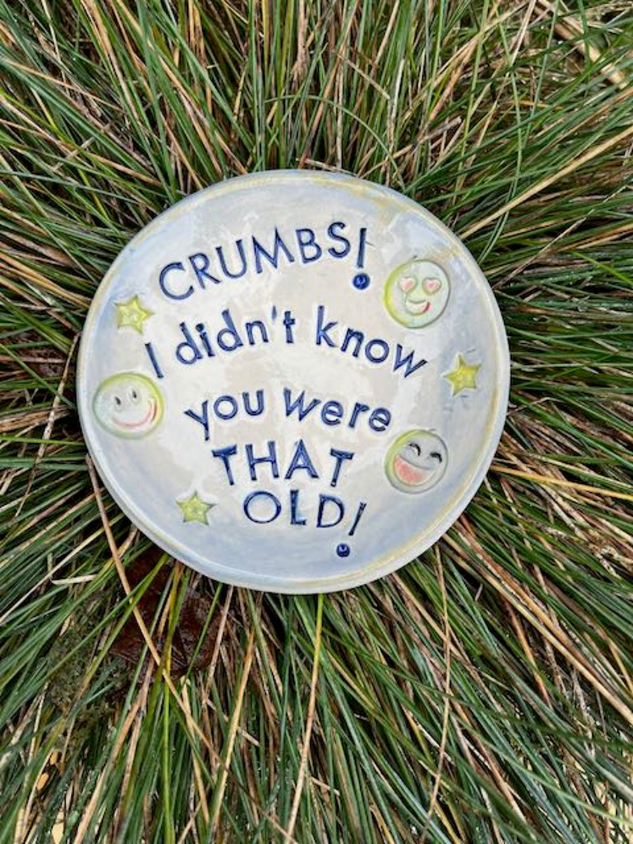 Handcrafted Stoneware BIRTHDAY CAKE PLATE - Funny! - Crumbs