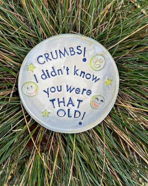 Handcrafted Stoneware BIRTHDAY CAKE PLATE - Funny! - Crumbs