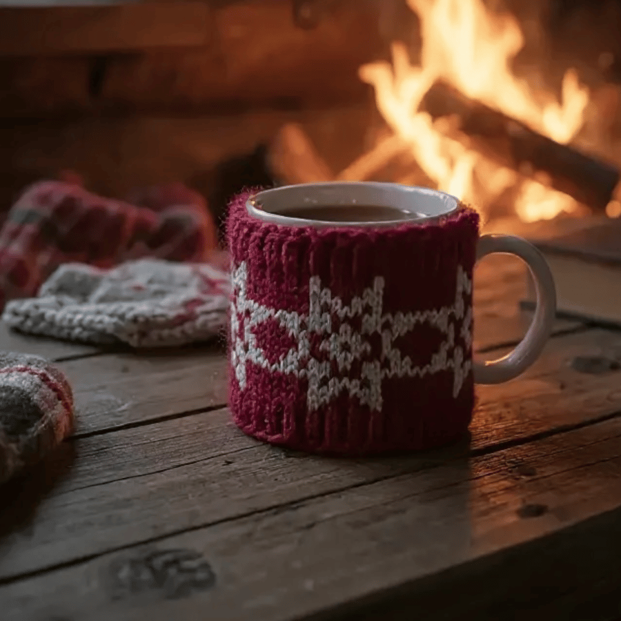 Red Stars hand knit mug cosy