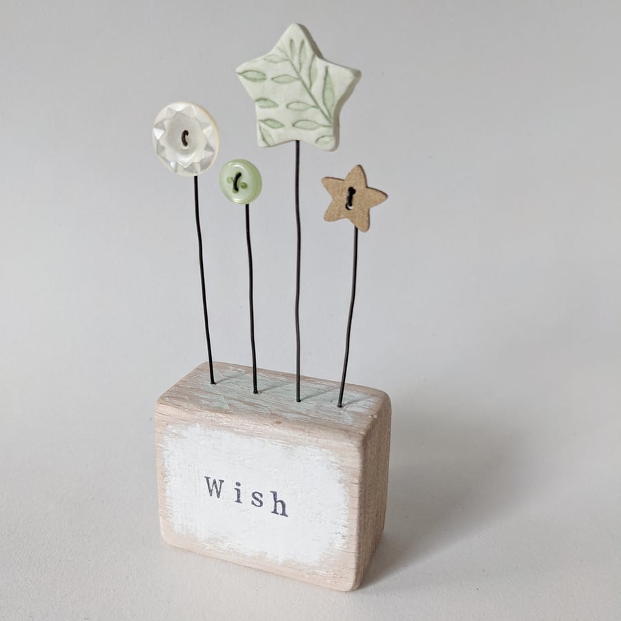Clay Star and Buttons in a Painted Wood Block 'wish'