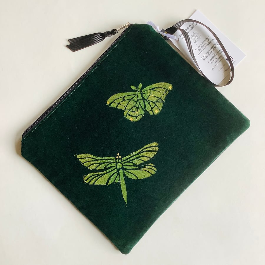 Green Butterfly velvet medium zip-up pouch