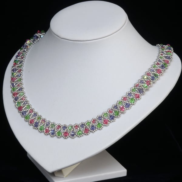 Springtime Netted Necklace in Green, Pink and Tanzanite