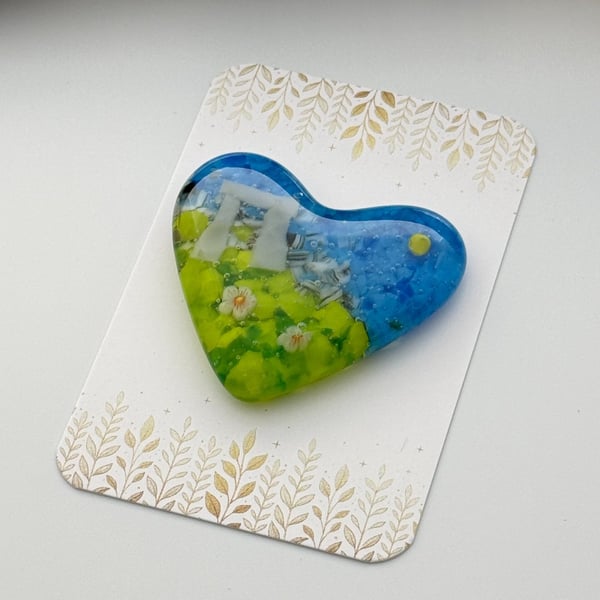 Standing Stones and Pink Flowers Fused Glass Heart