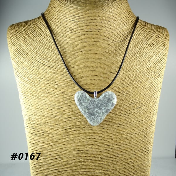 Grey handcrafted fused glass heart pendant on a black leather cord (0167)