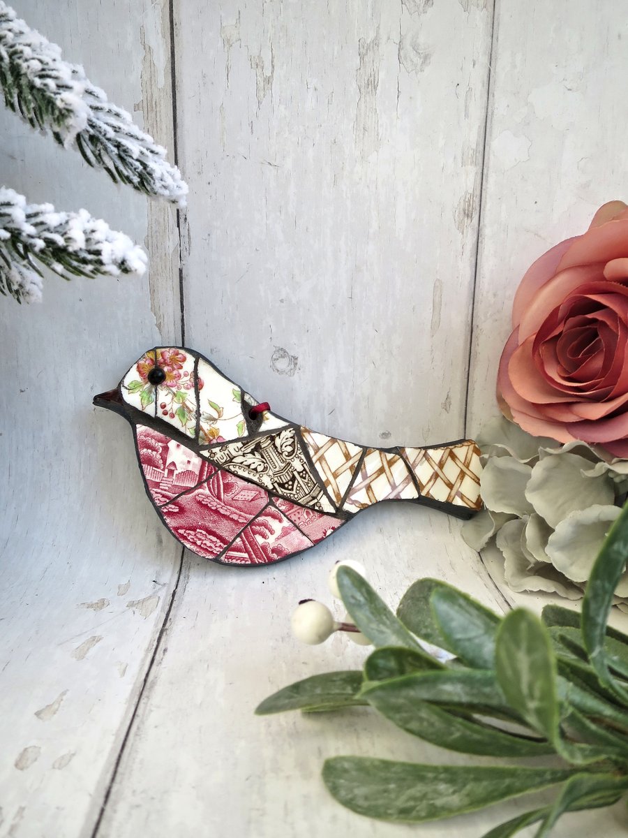 Mosaic Christmas Robin Ornament, Festive Bird Decor, Vintage China Gift
