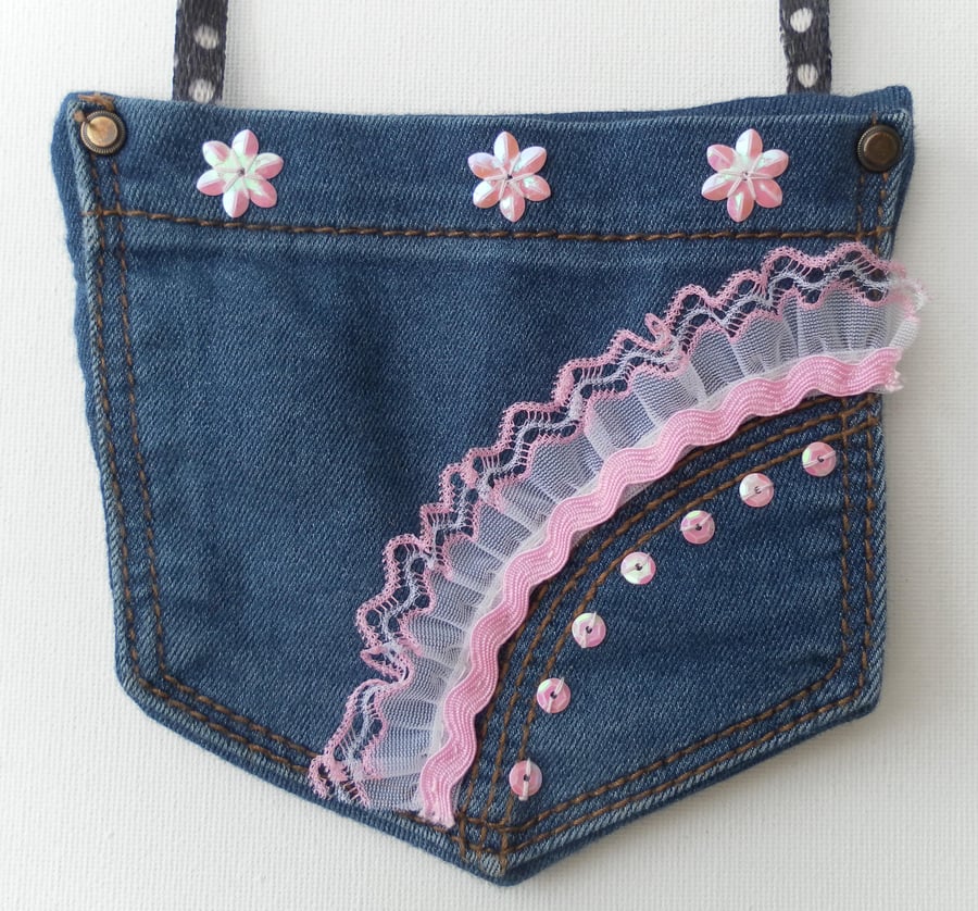Shabby Chic Denim Bag, Lace and Sequins, Jeans, Back Pockets