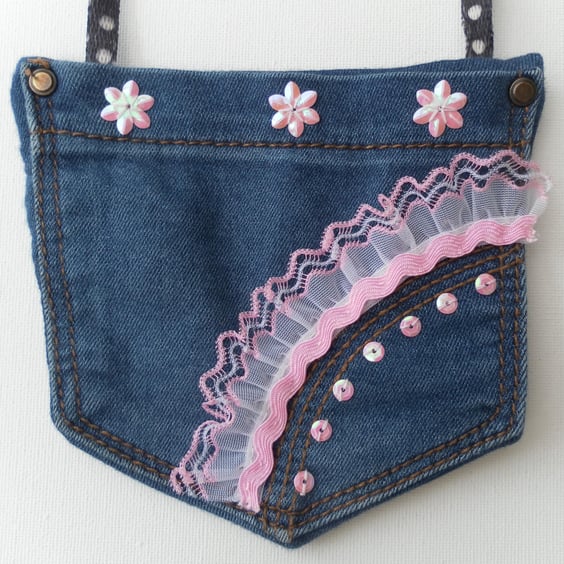 Shabby Chic Denim Bag, Lace and Sequins, Jeans, Back Pockets