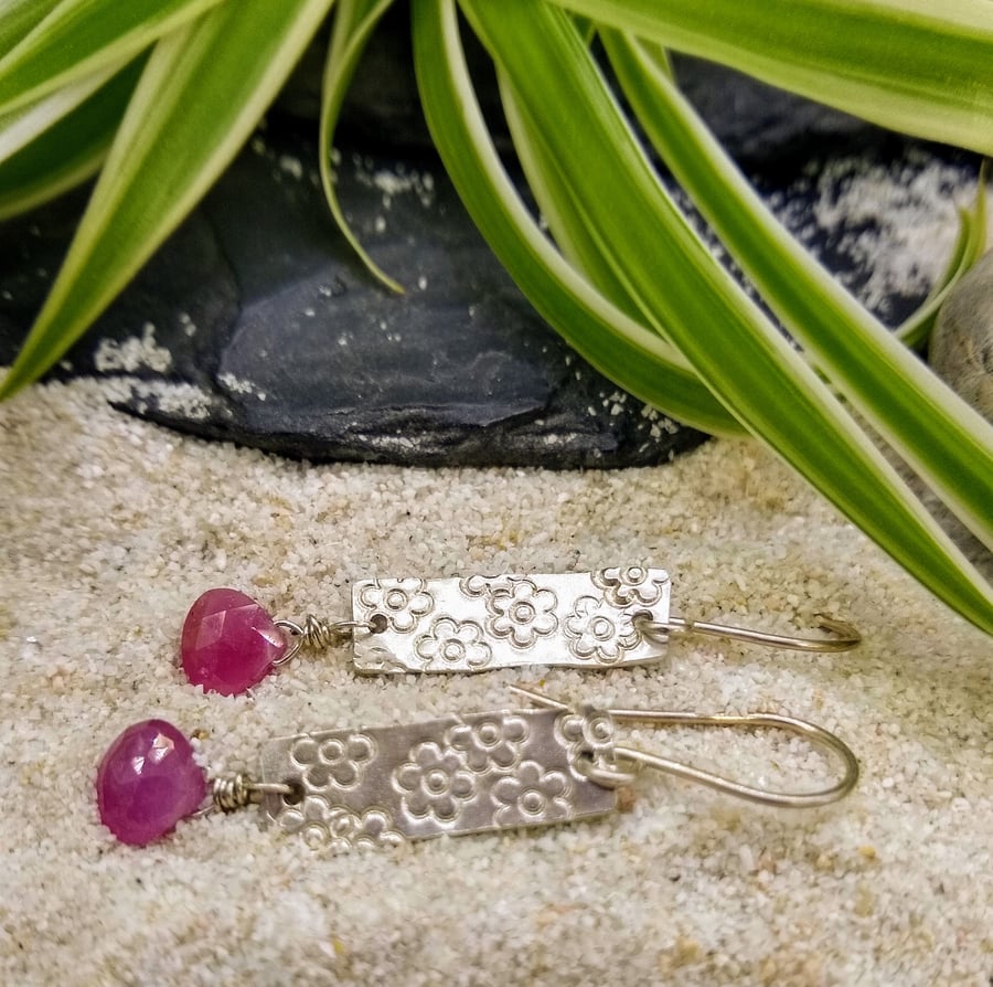 Silver Pink Sapphire & Flowers Drop Earrings