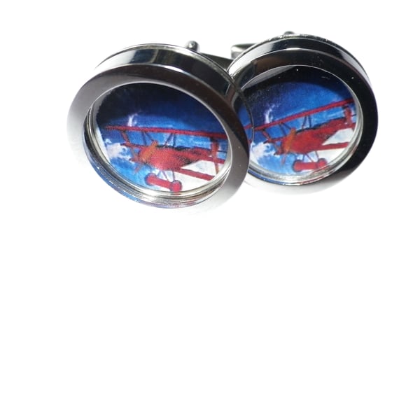 Red Biplane cufflinks, free shipping, gift wrapped, dramatic image, Ref 8475