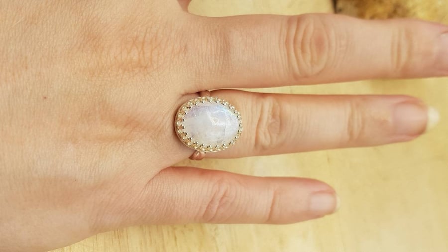 Oval Rainbow moonstone Ring. 925 Sterling silver.. June Birthstone