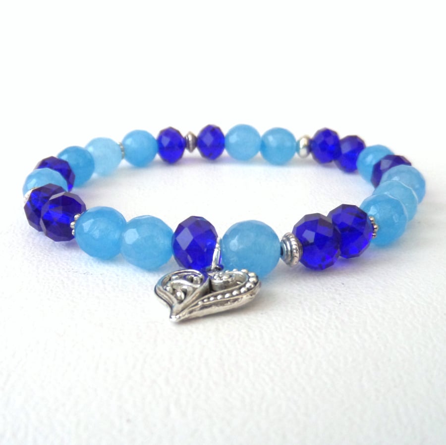 Blue gemstone & crystal stretchy bracelet with heart charm, ideal gift