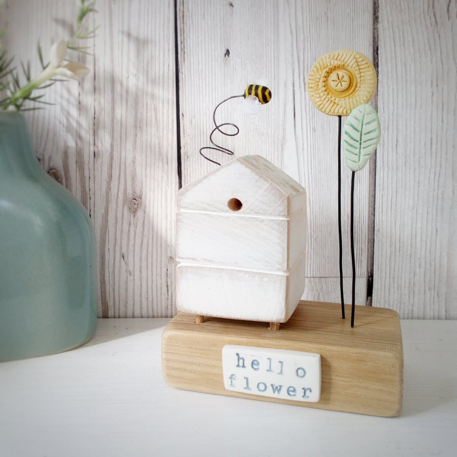 Wooden Beehive With Little Clay Bee and Flower Garden 'Hello Flower'