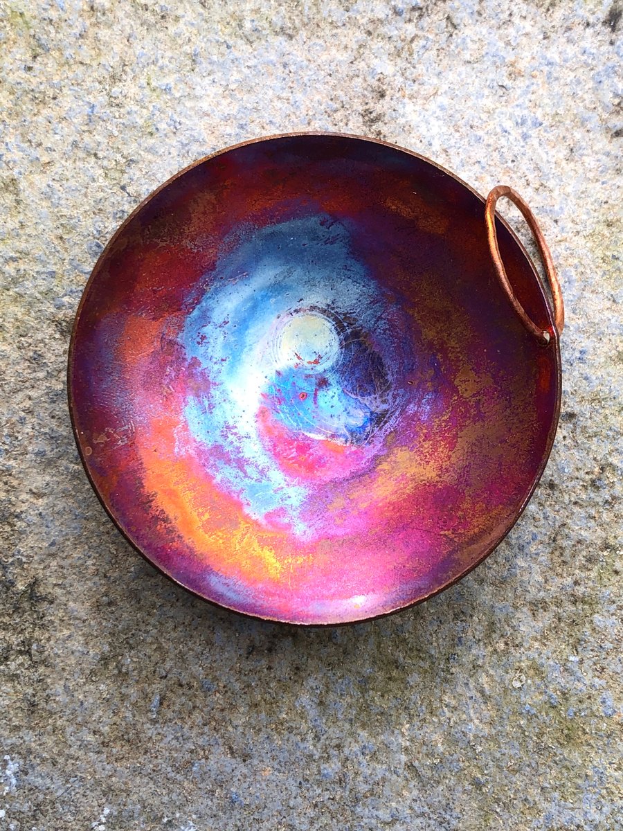 Flame painted copper bowl with ring, 7th wedding anniversary gift