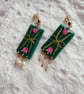Emerald Green Pink Tulips Rice Pearl Statement Unique Earrings - Image 3