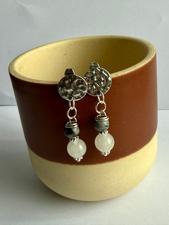 Gemstone and Stainless Steel Drop Stud Earrings