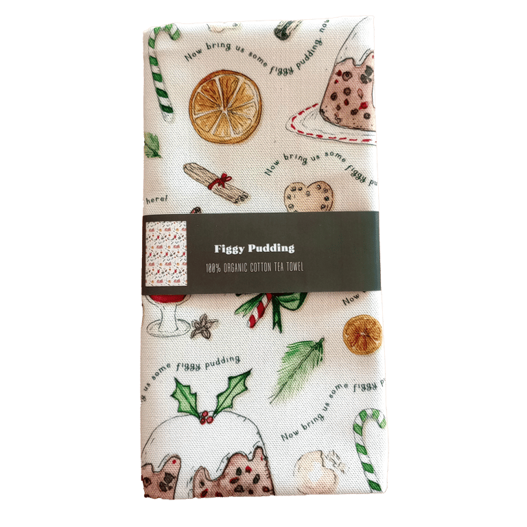 Festive Christmas Organic Cotton Tea Towel: 'Now bring us some figgy pudding'