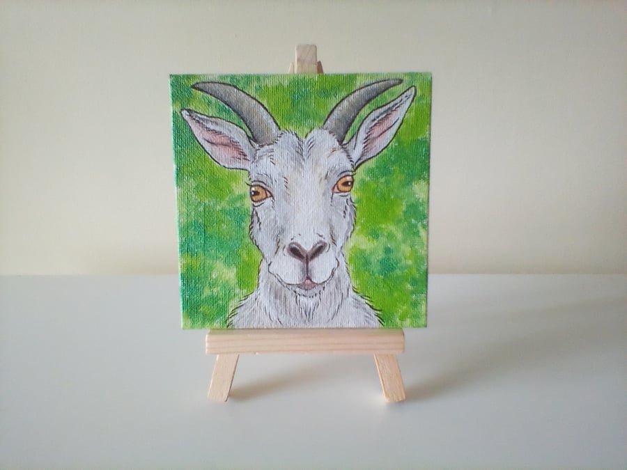 Goat Miniature Original Acrylic Painting with Easel Letterbox Gift Charity