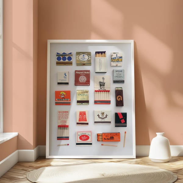 Matchbooks Collage Art Print 2 Poster, Funky Vintage Apartment Trendy Retro Mid 