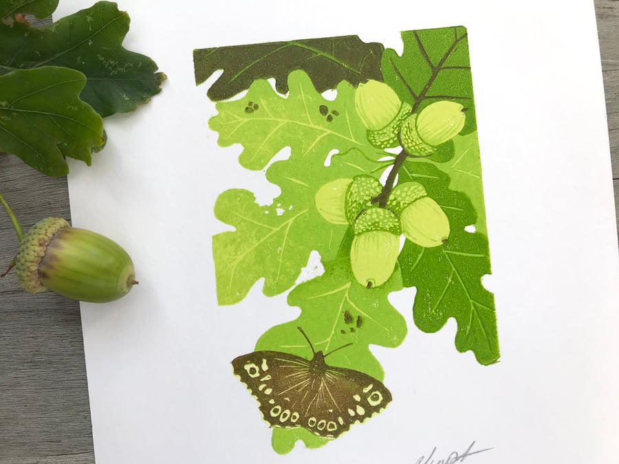 Oak: Original, hand printed lino cut print by Suffolk artist Beth Knight