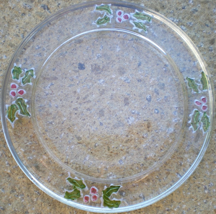 Glass Coaster with Hand painted 4 bunches of holly