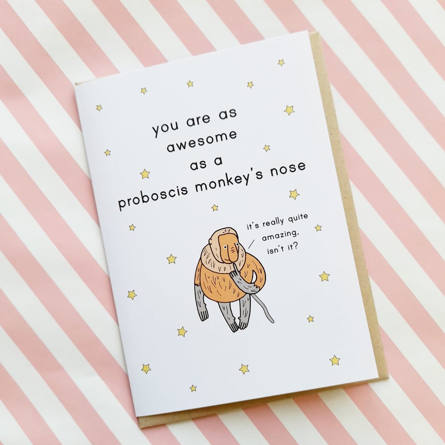 proboscis monkey A6 greetings card, motivational, good luck, positivity
