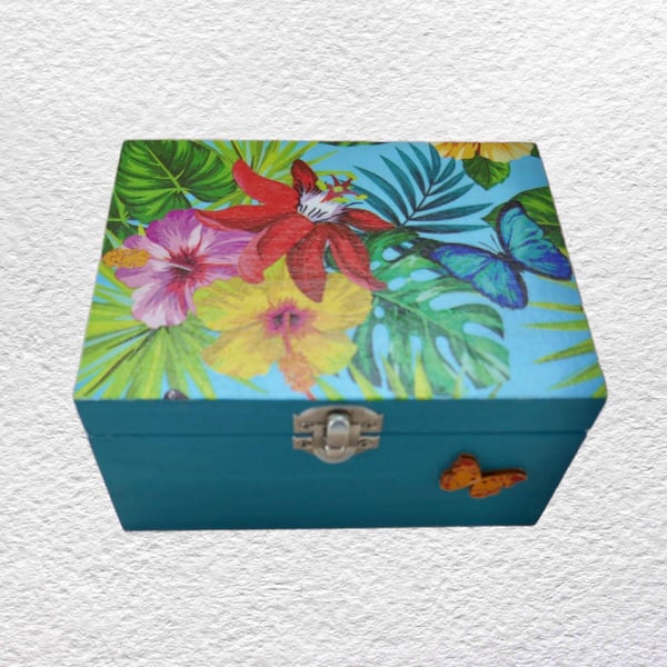 Tropical: Decorated Wooden Trinket Keepsake Box 16cm