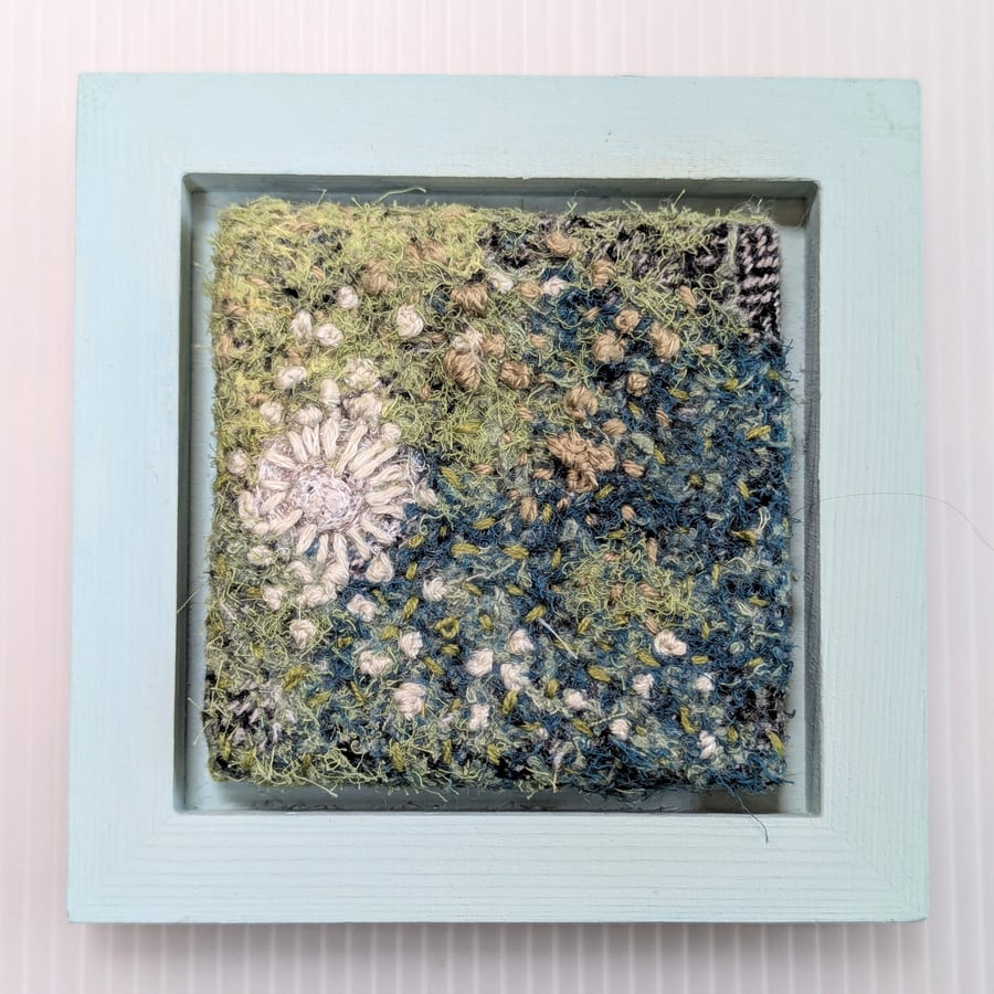 Blue Green Coastal Textile Art in Duck Egg painted 5" wooden frame.