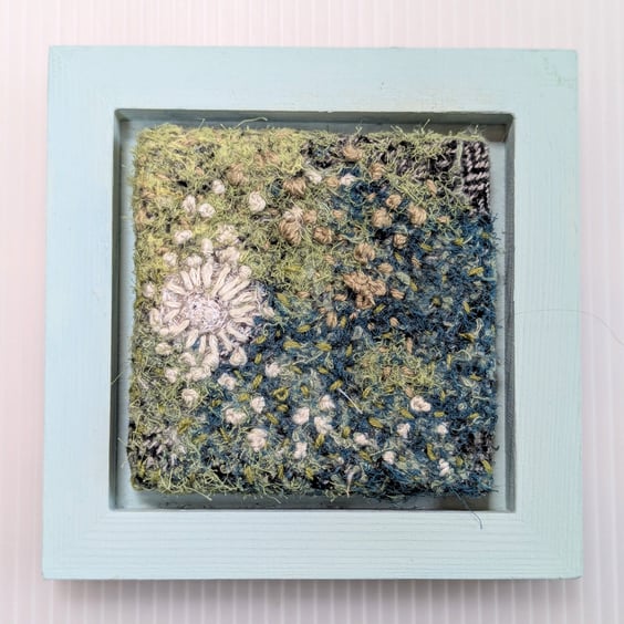 Blue Green Coastal Textile Art in Duck Egg painted 5" wooden frame.