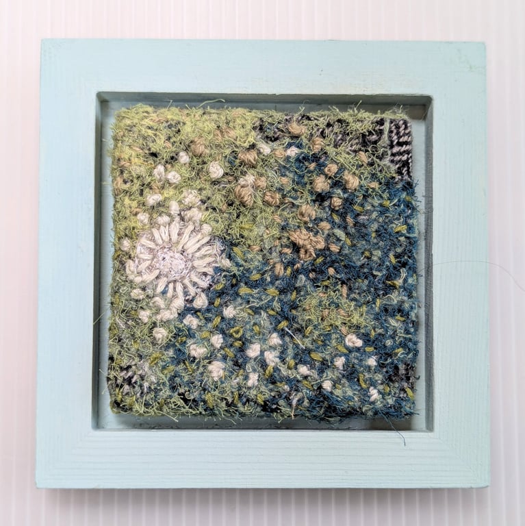 Blue Green Coastal Textile Art in Duck Egg painted 5" wooden frame.
