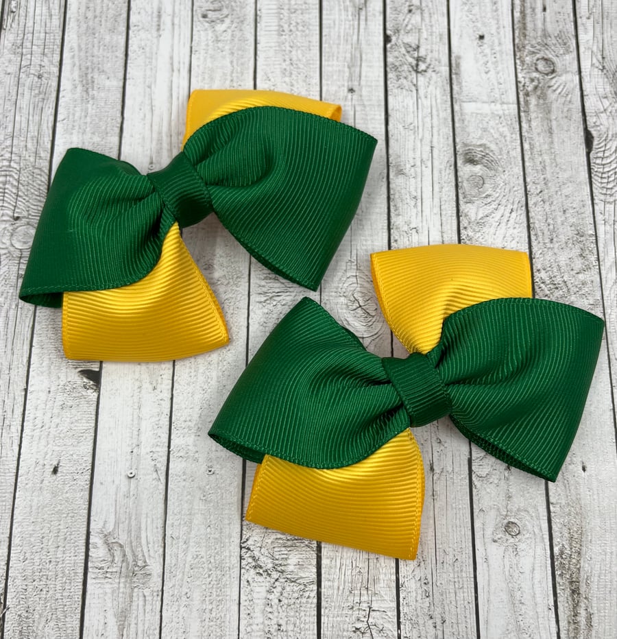 School Forest Green and Yellow Gold Diagonal Double with Bows on Clips (pair)