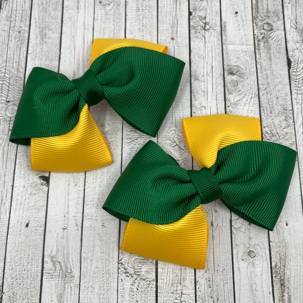 School Forest Green and Yellow Gold Diagonal Double with Bows on Clips (pair)