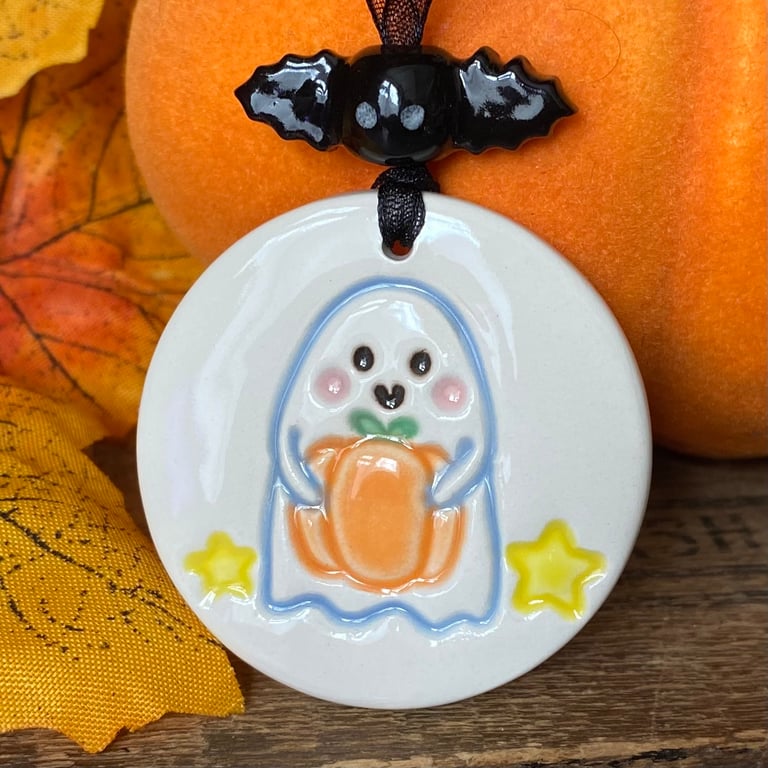 Ceramic cute ghost decoration with bat bead