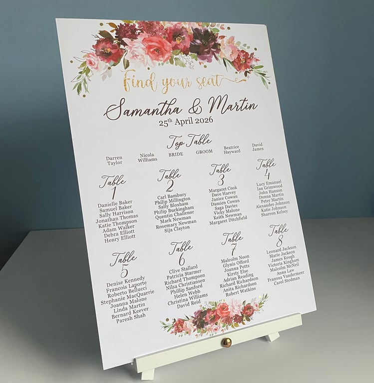 Burgundy peonies blush pink roses WEDDING table PLAN seating golden leaf foliage