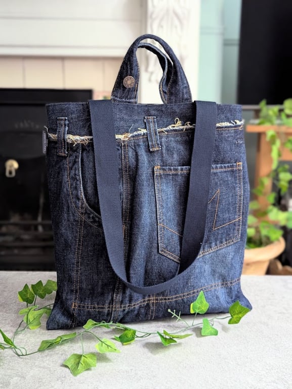 Upcycled Denim Tote Bag. Recycled Denim Shoulder Tote with Grab Handles