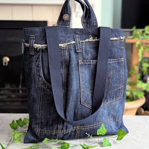 Upcycled Denim Tote Bag. Recycled Denim Shoulder Tote with Grab Handles