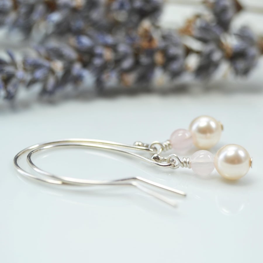 Pearl and rose quartz stack earrings