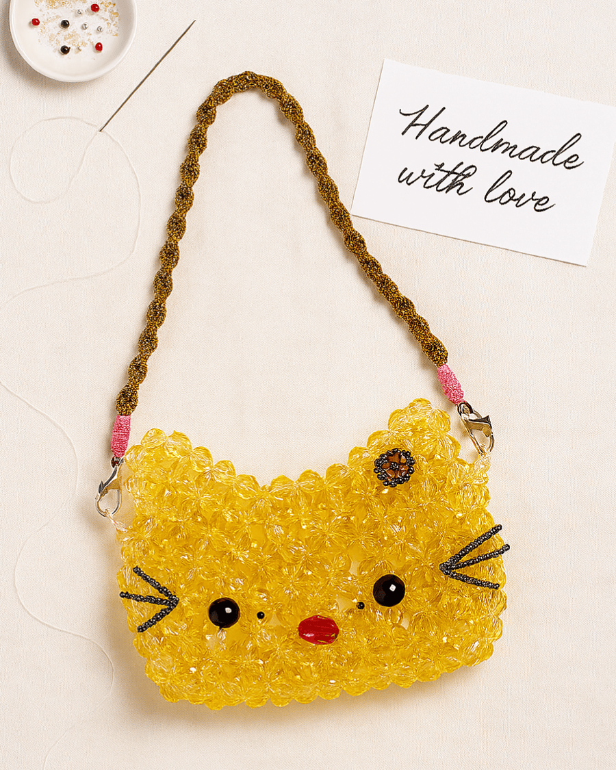 Handmade Beaded Hello Kitty Purse with Macrame Strap