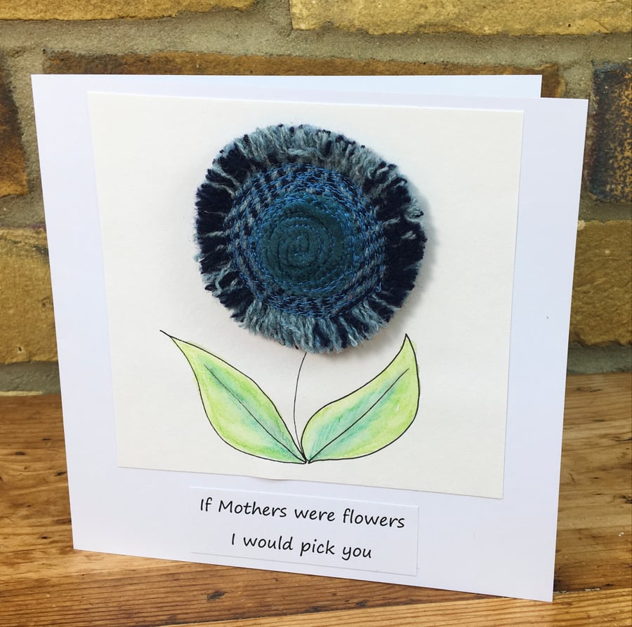 Tweed brooch, Handmade Mum card & brooch gift duo, Mum Birthday, Flower brooch