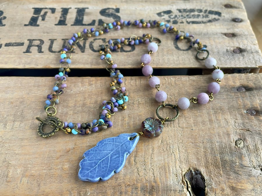 Artisan Ceramic Leaf Pendant. Bohemian Necklace with Multi Coloured Beaded Chain