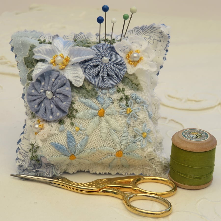 Patchwork Pincushion - Blue and White, from snippet roll