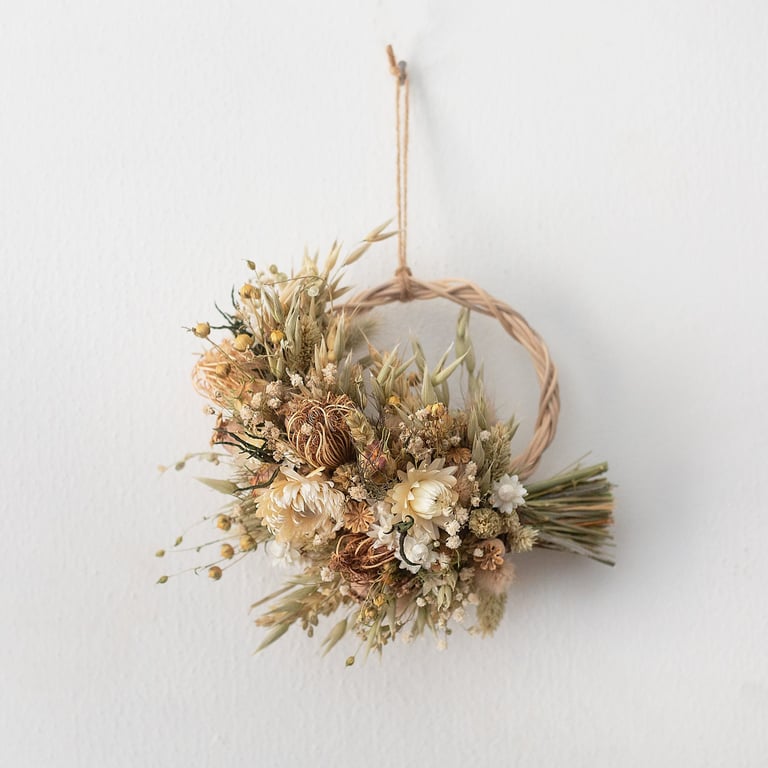 Small neutral natural dried flower rattan wreath hoop hanging