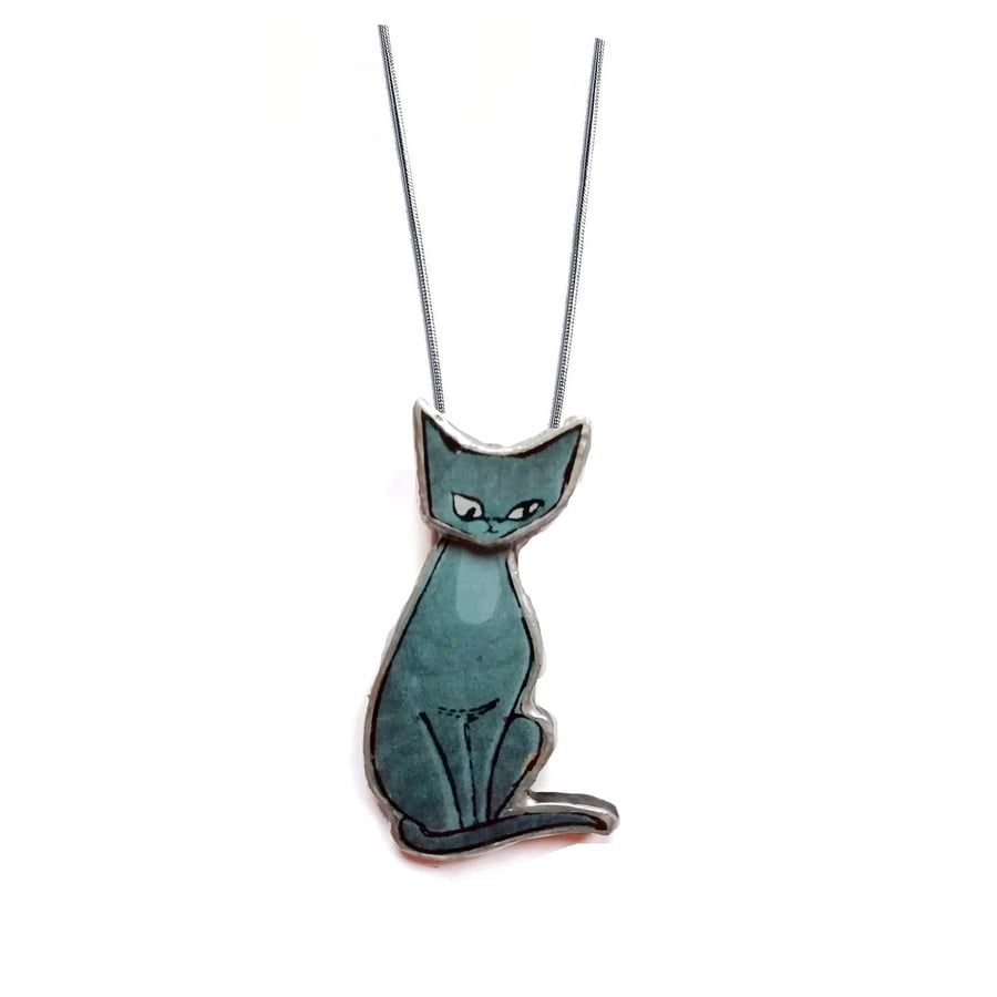 Whimsical retro blue grey siamese cat Necklace by EllyMental