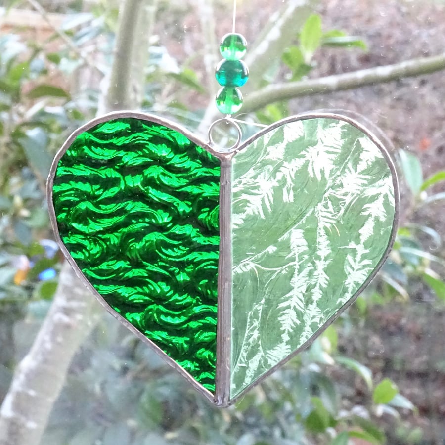 Stained Glass Heart Suncatcher - Green  - Handmade Hanging Decoration 