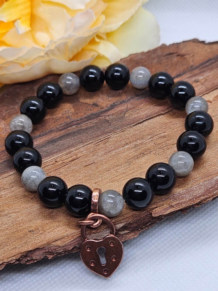 Black Jade and Labradorite stretch bracelet with copper heart charm Boho style
