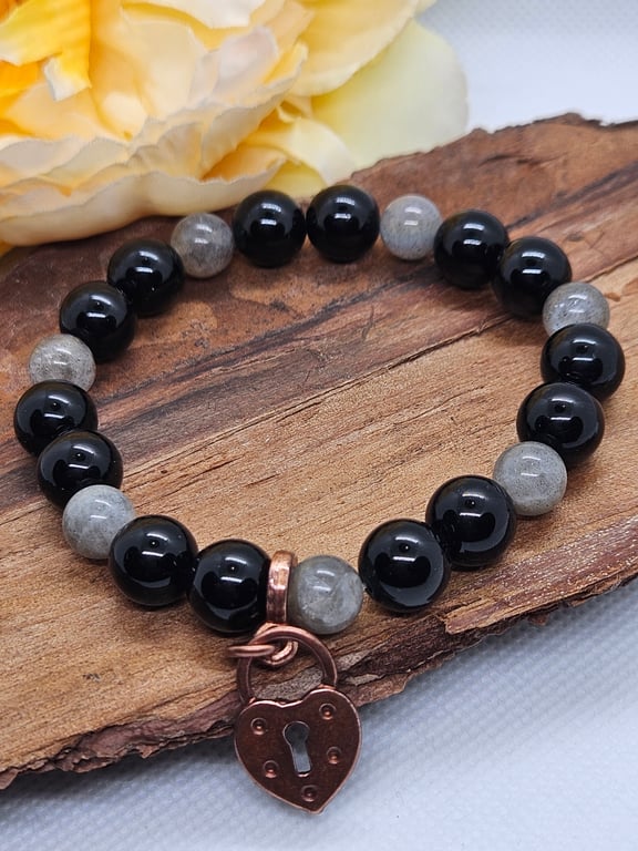 Black Jade and Labradorite stretch bracelet with copper heart charm Boho style