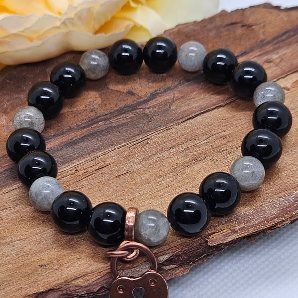 Black Jade and Labradorite stretch bracelet with copper heart charm Boho style